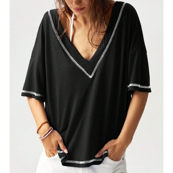 Solid Reverse Stitch V neck Oversized Tee top - Picture 5 of 7